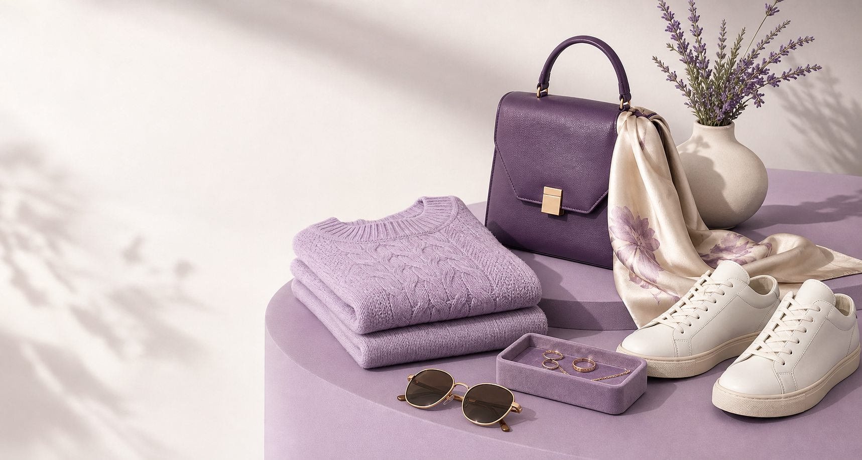 A curated still life of Etmana fashion products, including knitwear, a handbag, sneakers, a scarf, and accessories.